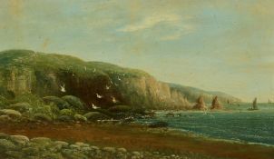 Circle of John Brett, Coastal view with gulls, oil on board, 7