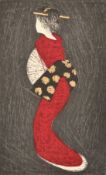 Kaoru Kawano (1916-1965), a lady in a red kimono, colour woodblock, signed in pencil within the