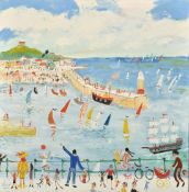 Simeon Stafford (b. 1956), 'St. Ives', figures watching boats in the harbour, oil on canvas, signed,