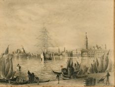 Morgan, Late 19th Century, figures loading boats on a Venetian quay, ink drawing, signed, 9.75