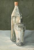Charles Sanderson, still life of a tumbler and a gin bottle, oil on board, signed with initials,