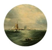 19th Century, shipping off a port city with figures in a rowing boat in the foreground, oil on