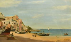 19th Century Italian School, female figure mending nets in a coastal village, oil on panel, 12