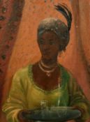 19th/20th Century, a portrait of an Eastern female attendant carrying a tray with glassware, oil