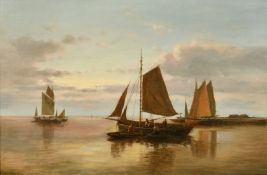 Abraham Hulk (19th Century), figures in boats conversing on calm waters, oil on canvas, signed,