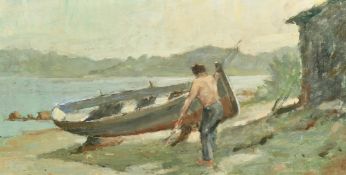 Continental School, Mid-20th Century, fisherman on the beach at Portoferraio, Elba, oil on panel,