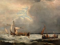 19th Century, probably Dutch School, fishing boats heading out to sea, oil on canvas, 13