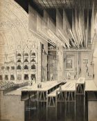 George F. Morrell, a profile view of a working theatre, ink and wash with bodycolour, signed with