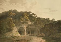 Thomas and William Daniell, 'The Entrance to the Elephanta Cave', hand coloured aquatint, 18