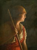 Circle of Edouard Manet, female figure holding a staff, oil on panel, signed Manet, 15.75