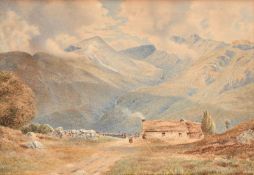 Circle of Alfred William Hunt, figure outside a cottage in a mountain valley, 7.5