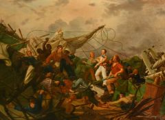 Circle of William Henry Midwood, Mid-19th Century, figures mutineering aboard a ship with damaged