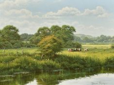 David Morgan, Cattle resting in a riverside meadow, oil on canvas, signed, 12