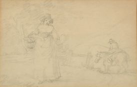 Attributed to George Morland (1763-1804), a female figure holding a basket of flowers passing by a