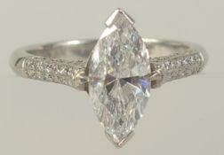 A SUPERB MARQUISE BRILLIANT CUT RING, 2.01carat ring, small diamonds to the shoulders Colour C, V