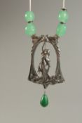 A SILVER DECO GIRL AND JADE NECKLACE.