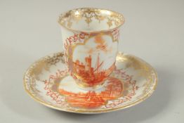 A GOOD BEAKER AND SAUCER, well painted with iron-red monochromes scenes of figures in a European