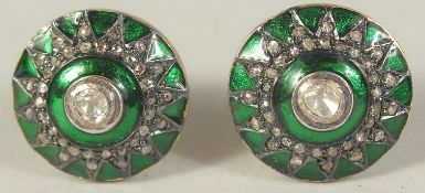 A GOLD ENAMEL AND DIAMOND EARRINGS