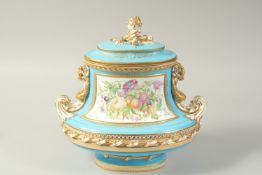 A SUPERB SEVRES DESIGN OVAL TUREEN AND COVER with pale blue ground edged in gilt, the sides with