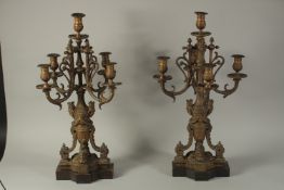 A LARGE PAIR OF 19TH CENTURY ORMOLU CANDLESTICKS with four scrolling branches, mask and garlands.