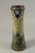 A TALL ROYAL DOULTON STONEWARE POTTERY VASE. 13ins high and a bulbous vase, 10ins high (2).