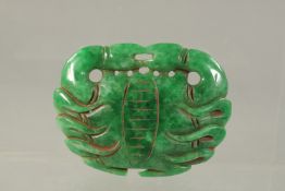 A CHINESE CARVED GREEN JADE CRAB. 18cms x 6cms.
