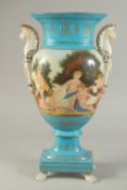 A SEVRES DESIGN LIGHT BLUE GROUND TWO-HANDLED VASE with classical scenes.. 19ins high.