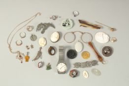 A BOX OF VARIOUS JEWELLERY, CAMEOS, RINGS, BRACELET, BROOCHES, WATCH, LORGNETTES.