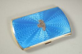 A SILVER AND BLUE ENAMEL CIGARETTE CASE with a basket of flowers. 3.245ns x 2ins. Stamped .925.