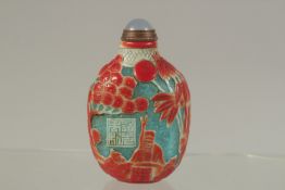 A GOOD CANTON ENAMEL SNUFF BOTTLE, with bamboo, buildings and cranes. 8cms long.