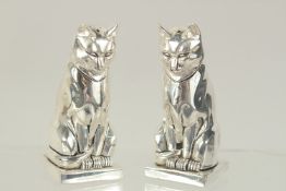 A PAIR OF SILVER PLATED DECO STYLE CAT SALT AND PEPPERS. 3ins