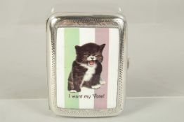 AN EDWARD VII SILVER CIGARETTE CASE with an enamel of a suffragette cat 