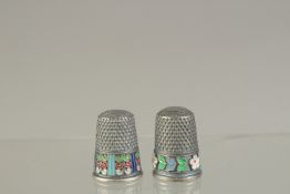 TWO RUSSIAN SILVER AND ENAMEL THIMBLES.