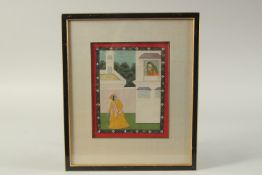 A VERY FIE 19TH CENTURY INDIAN PAHARI SCHOOL MINIATURE PAINTING, depicting Krishna conversing with