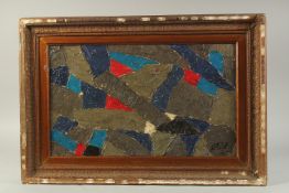 AN ABSTRACT OIL PAINTING ON BOARD, indistinctly signed, framed, image 34cm x 57cm.