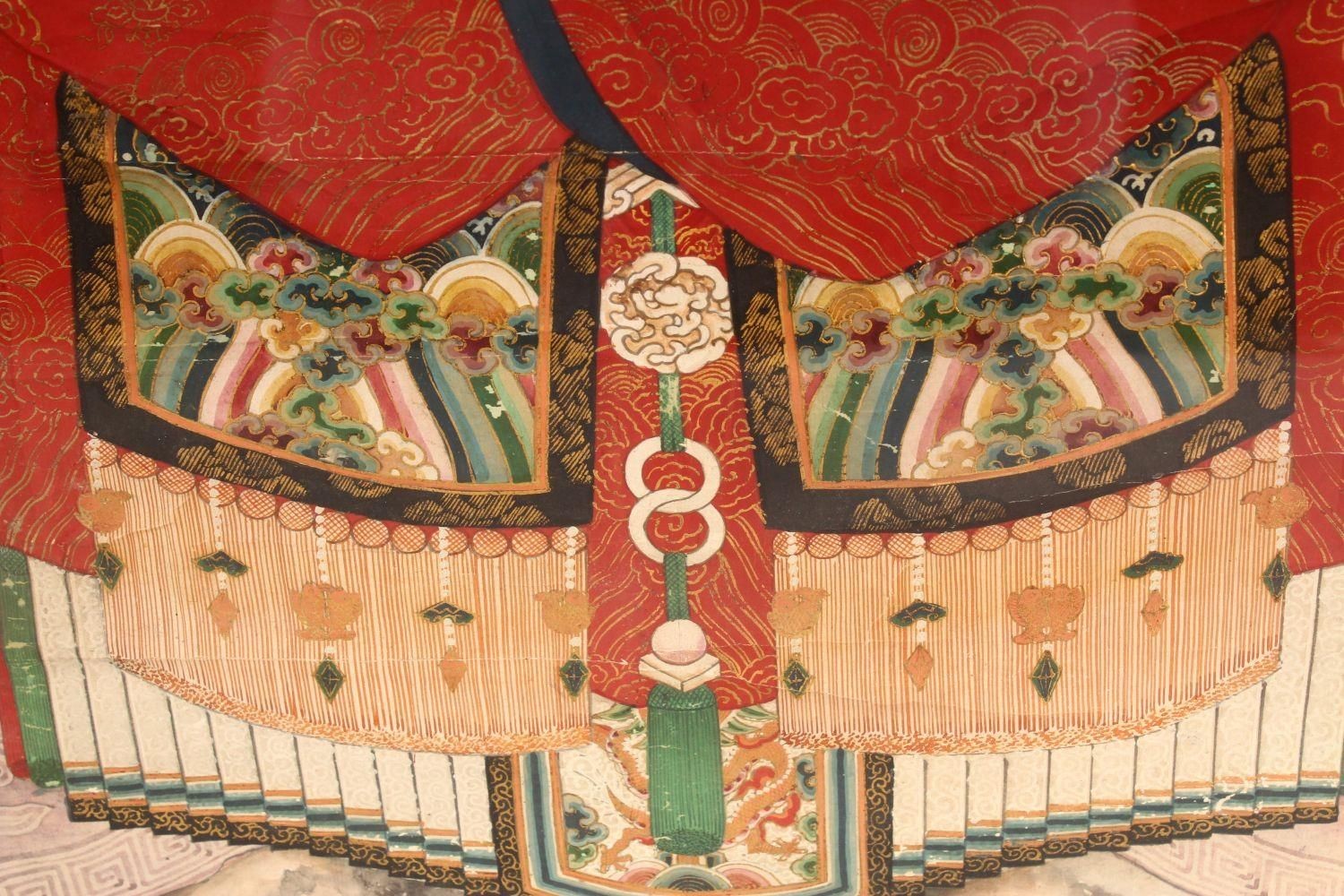 A LARGE PAIR OF 19TH CENTURY CHINESE MING STYLE EMPEROR AND EMPRESS PAINTINGS, framed and glazed, - Image 8 of 9