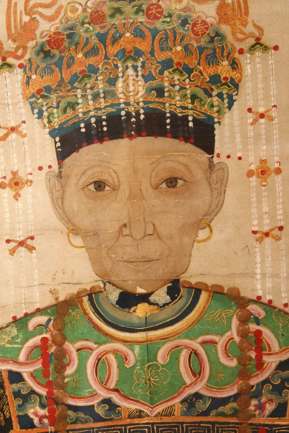 A LARGE PAIR OF 19TH CENTURY CHINESE MING STYLE EMPEROR AND EMPRESS PAINTINGS, framed and glazed, - Image 6 of 9