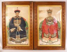 A LARGE PAIR OF 19TH CENTURY CHINESE MING STYLE EMPEROR AND EMPRESS PAINTINGS, framed and glazed,