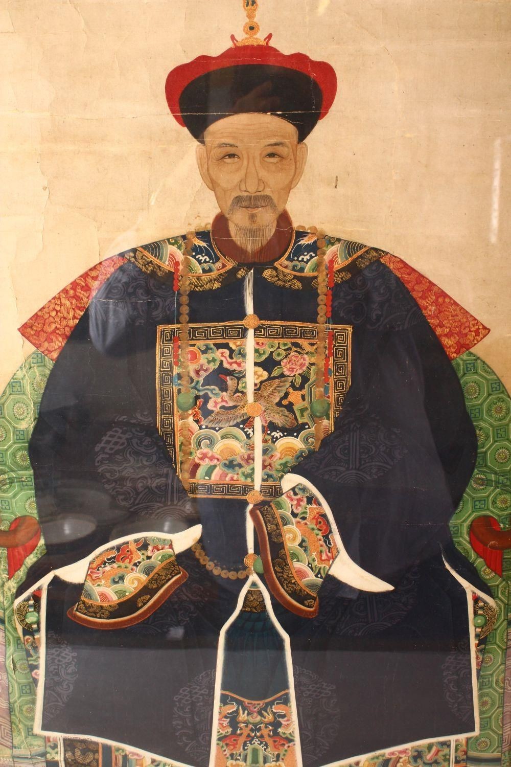 A LARGE PAIR OF 19TH CENTURY CHINESE MING STYLE EMPEROR AND EMPRESS PAINTINGS, framed and glazed, - Image 2 of 9