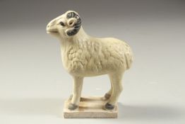 A CHINESE TOMB SACRIFICE POTTERY FIGURE OF A GOAT, possibly Han Dynasty, 12cm long.