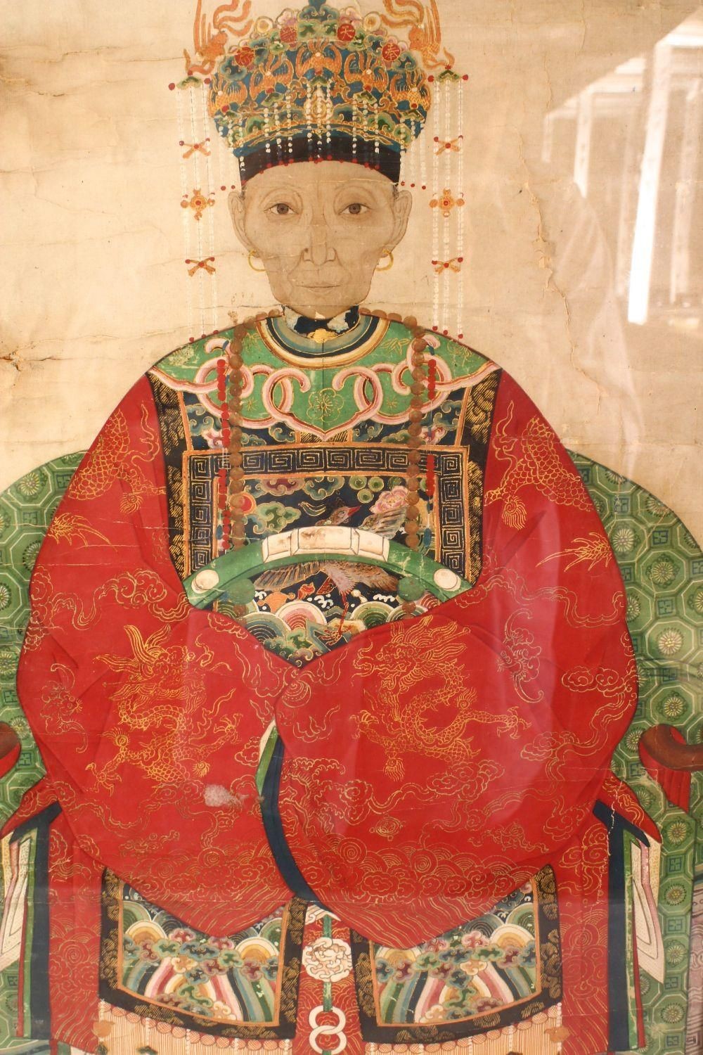 A LARGE PAIR OF 19TH CENTURY CHINESE MING STYLE EMPEROR AND EMPRESS PAINTINGS, framed and glazed, - Image 3 of 9