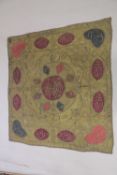 AN OTTOMAN TURKISH EMBROIDERED GILT THREAD TEXTILE WITH NAMES OF ALLAH, 118cm x 112cm.