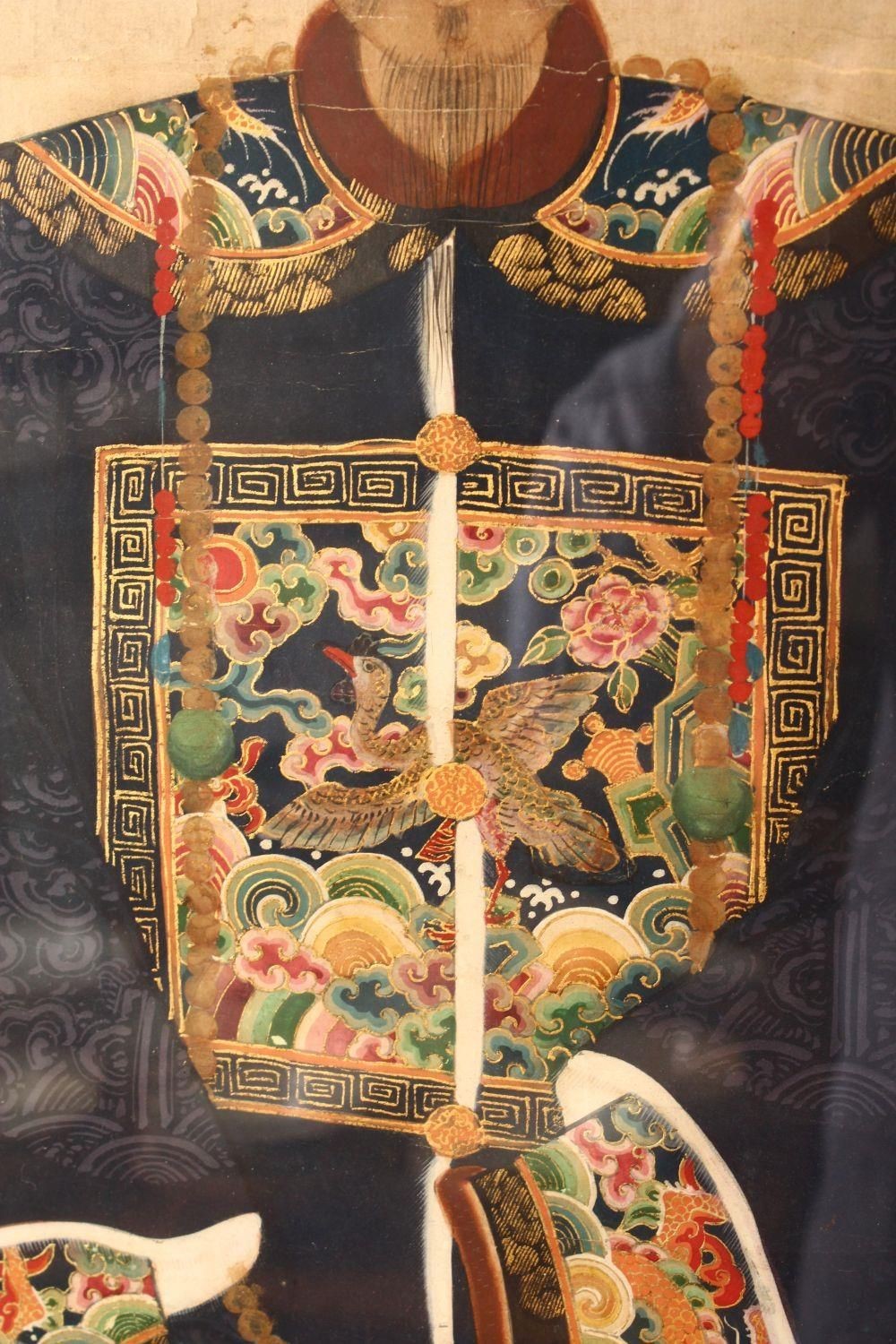 A LARGE PAIR OF 19TH CENTURY CHINESE MING STYLE EMPEROR AND EMPRESS PAINTINGS, framed and glazed, - Image 4 of 9