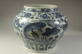 A LARGE CHINESE BLUE AND WHITE PORCELAIN JAR, painted with fish and aquatic flora, 27cm high.