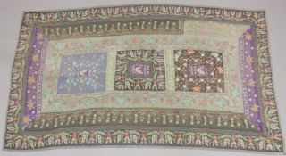 A FINELY EMBROIDERED INDIAN SILK TEXTILE, with peacocks and floral decoration, 174cm x 100cm.