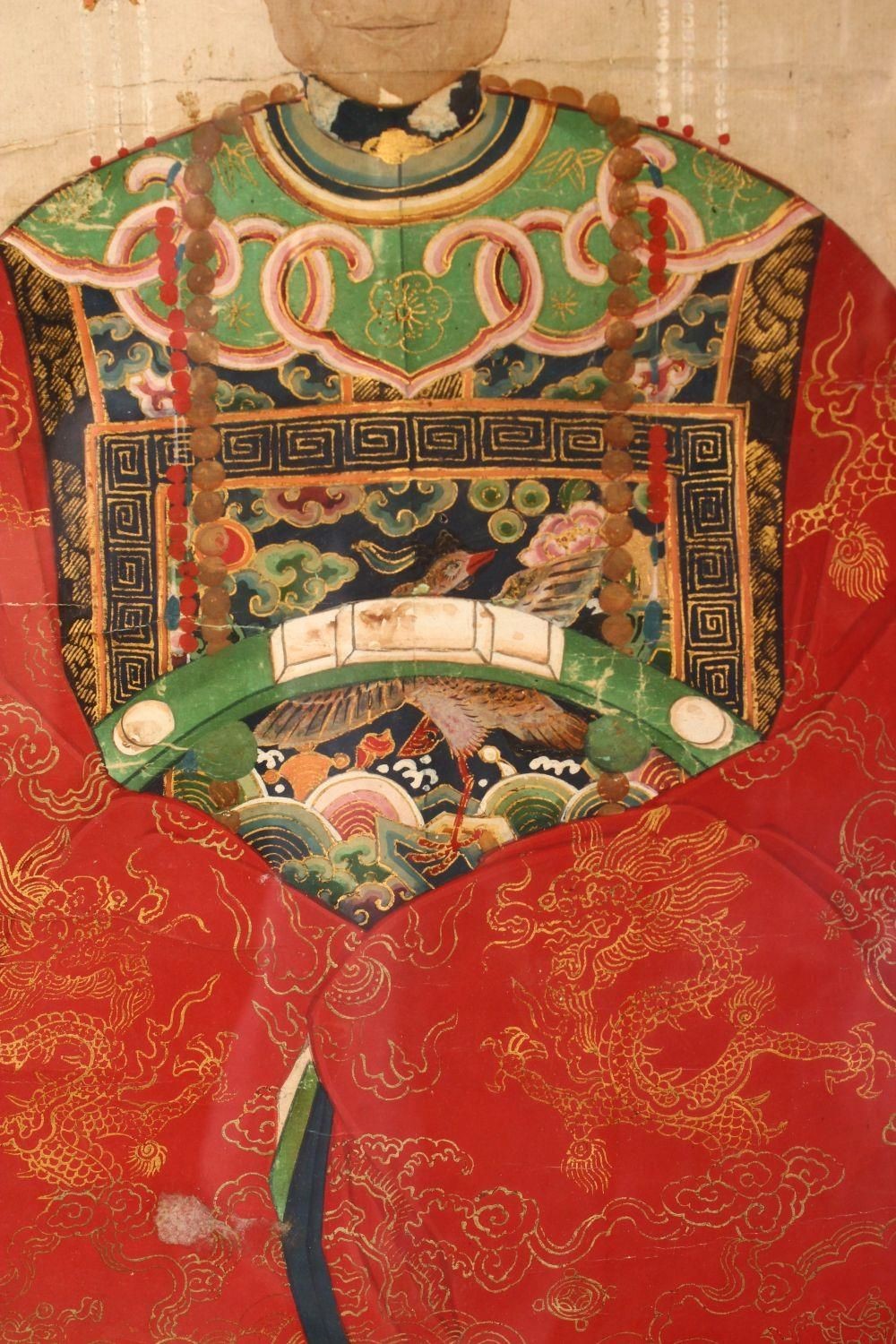 A LARGE PAIR OF 19TH CENTURY CHINESE MING STYLE EMPEROR AND EMPRESS PAINTINGS, framed and glazed, - Image 7 of 9