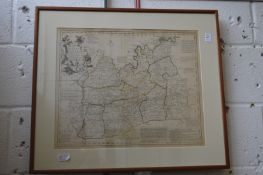 Thomas Bowen, part hand coloured map of Surrey, framed and glazed.