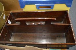 A good oak cutlery tray and a brass preserve pan.