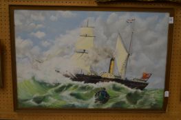 Paddle streamer in a choppy sea, oil on canvas, signed.