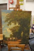 After W Shayer, figures and horses resting on a country lane, oil on canvas, stretchered but